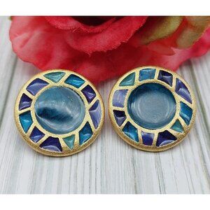 Vintage Xeja Brushed Gold Tone & Enamel Round Earrings 90's Signed 1.25" Pierced